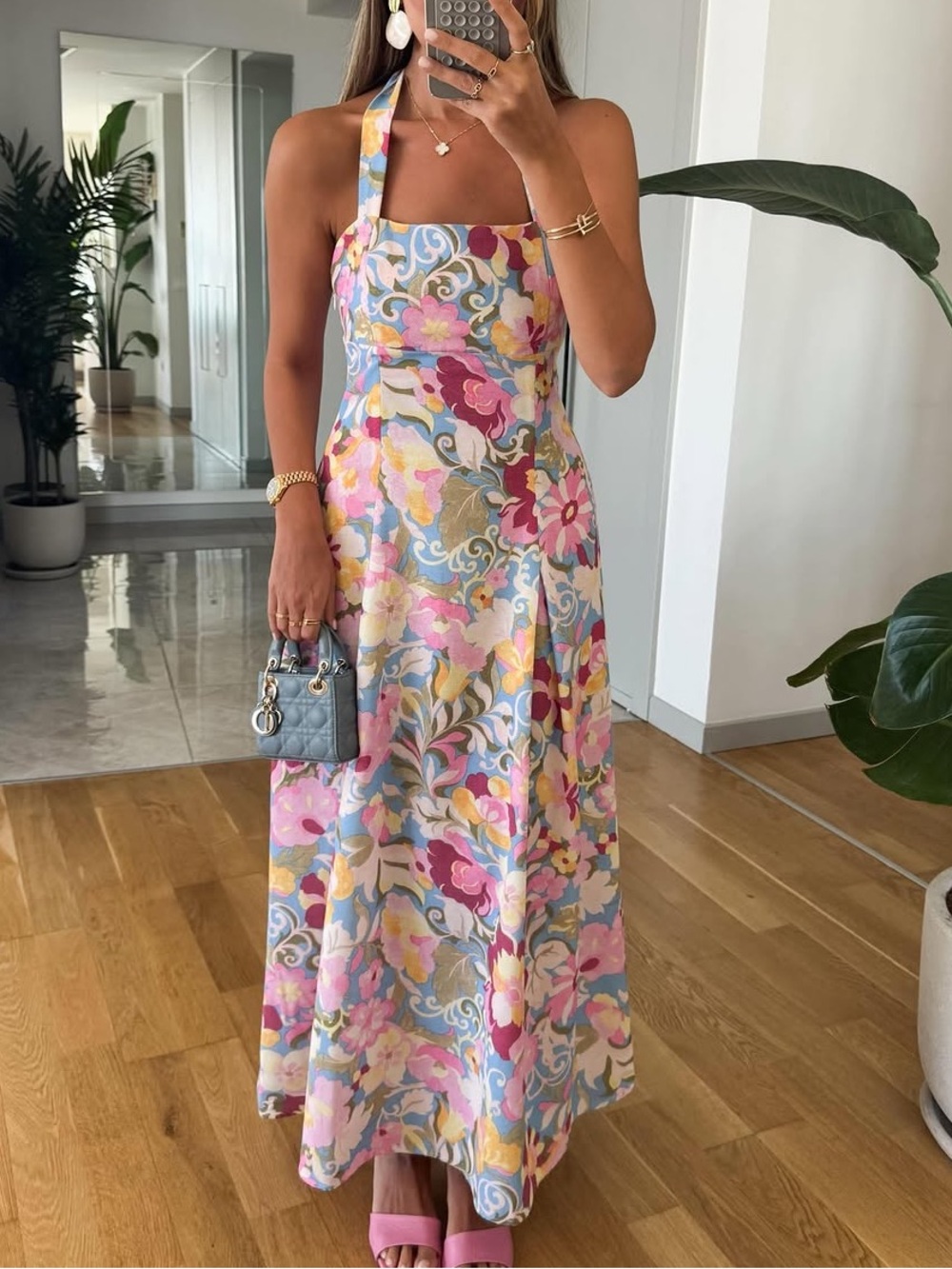 ZARA WOMAN SIZE XS PRINTED LINEN MIDI DRESS PINK MULTICOLORED | 6962/031 NWT